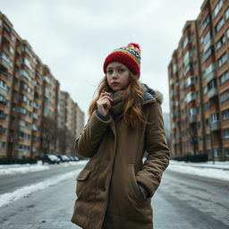 A schoolgirl in urban winter clothing stands against the backdrop of Soviet-style concrete apartment buildings in Russia, casually smoking a cigarette