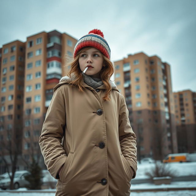 A schoolgirl in urban winter clothing stands against the backdrop of Soviet-style concrete apartment buildings in Russia, casually smoking a cigarette