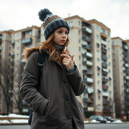 A schoolgirl in urban winter clothing stands against the backdrop of Soviet-style concrete apartment buildings in Russia, casually smoking a cigarette
