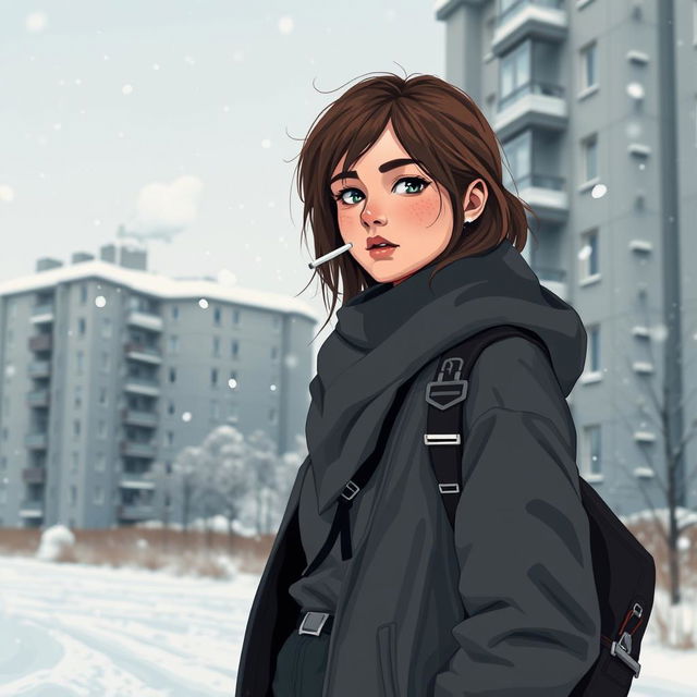 A winter scene featuring a high school girl in casual urban clothing standing against the backdrop of Russian panel houses