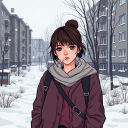 A winter scene featuring a high school girl in casual urban clothing standing against the backdrop of Russian panel houses