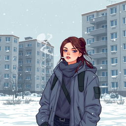 A winter scene featuring a high school girl in casual urban clothing standing against the backdrop of Russian panel houses