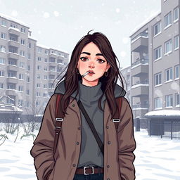 A winter scene featuring a high school girl in casual urban clothing standing against the backdrop of Russian panel houses