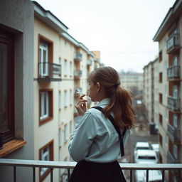 A school girl smoking a cigarette while standing on a balcony, with a backdrop of typical Russian panel houses