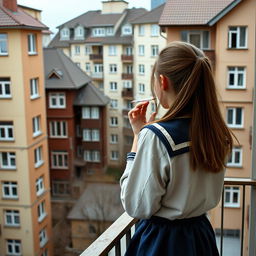 A school girl smoking a cigarette while standing on a balcony, with a backdrop of typical Russian panel houses