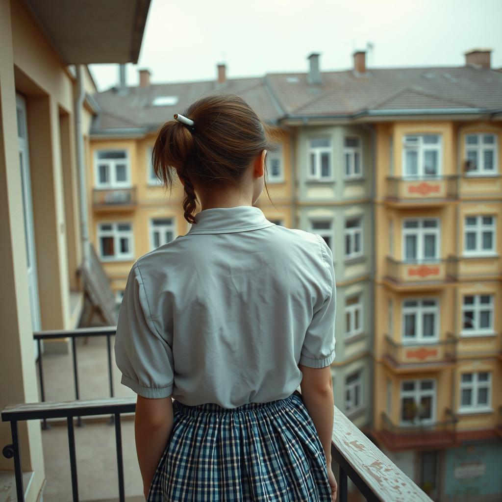 A school girl smoking a cigarette while standing on a balcony, with a backdrop of typical Russian panel houses