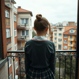 A school girl smoking a cigarette while standing on a balcony, with a backdrop of typical Russian panel houses