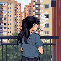 A pixel art representation of a schoolgirl smoking a cigarette on a balcony, seen from the back