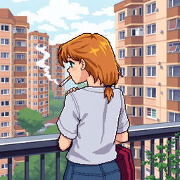 A pixel art representation of a schoolgirl smoking a cigarette on a balcony, seen from the back