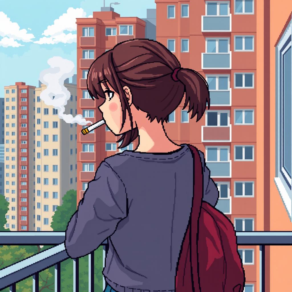 A pixel art representation of a schoolgirl smoking a cigarette on a balcony, seen from the back