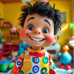 A cute, whimsical doll resembling a silly boy, with exaggerated features, large round eyes, and a goofy grin