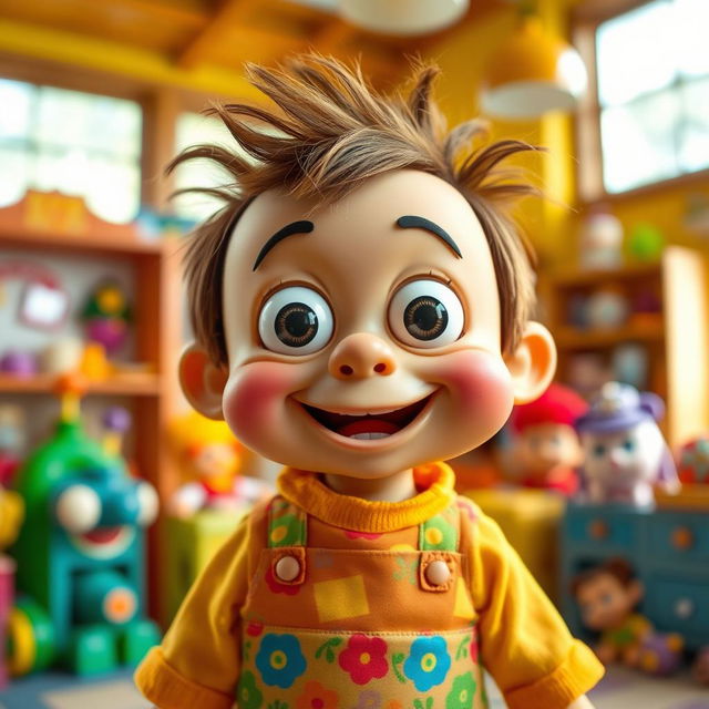 A cute, whimsical doll resembling a silly boy, with exaggerated features, large round eyes, and a goofy grin