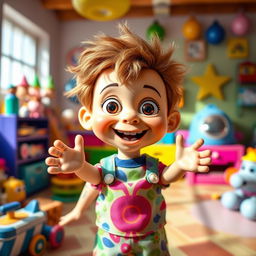 A cute, whimsical doll resembling a silly boy, with exaggerated features, large round eyes, and a goofy grin