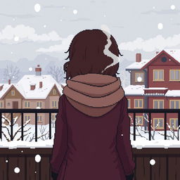 A pixel art scene depicting a schoolgirl smoking a cigarette on a balcony during winter