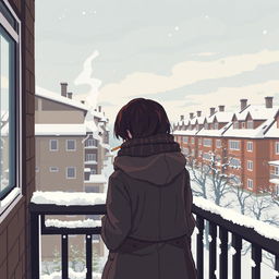 A pixel art scene depicting a schoolgirl smoking a cigarette on a balcony during winter