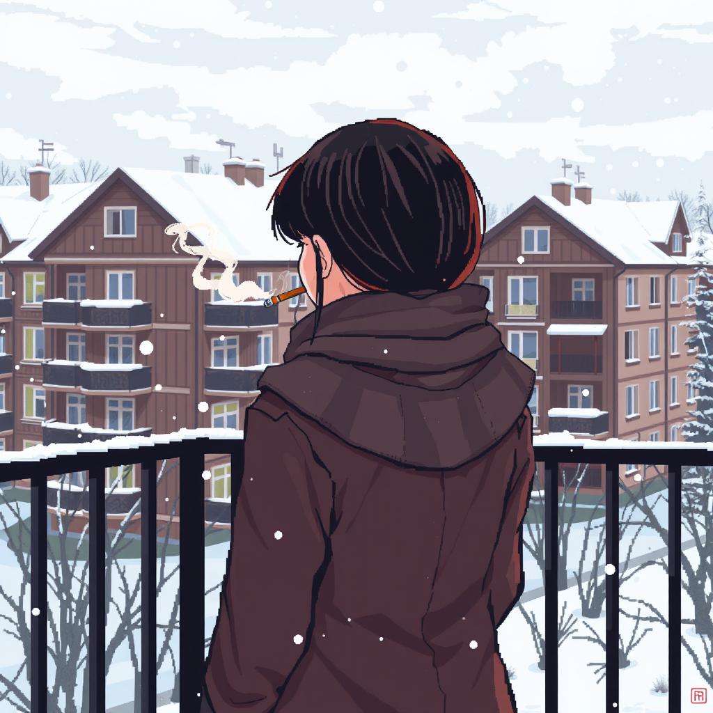 A pixel art scene depicting a schoolgirl smoking a cigarette on a balcony during winter