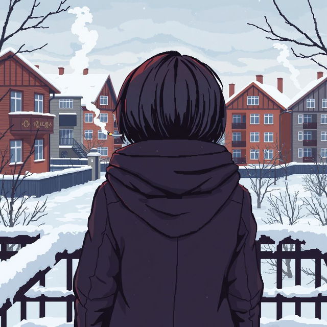 A pixel art scene depicting a schoolgirl smoking a cigarette on a balcony during winter