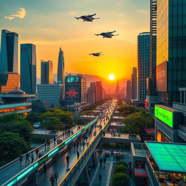 A vibrant and futuristic cityscape at sunset, showcasing advanced architecture with sleek skyscrapers and lush green parks