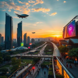 A vibrant and futuristic cityscape at sunset, showcasing advanced architecture with sleek skyscrapers and lush green parks
