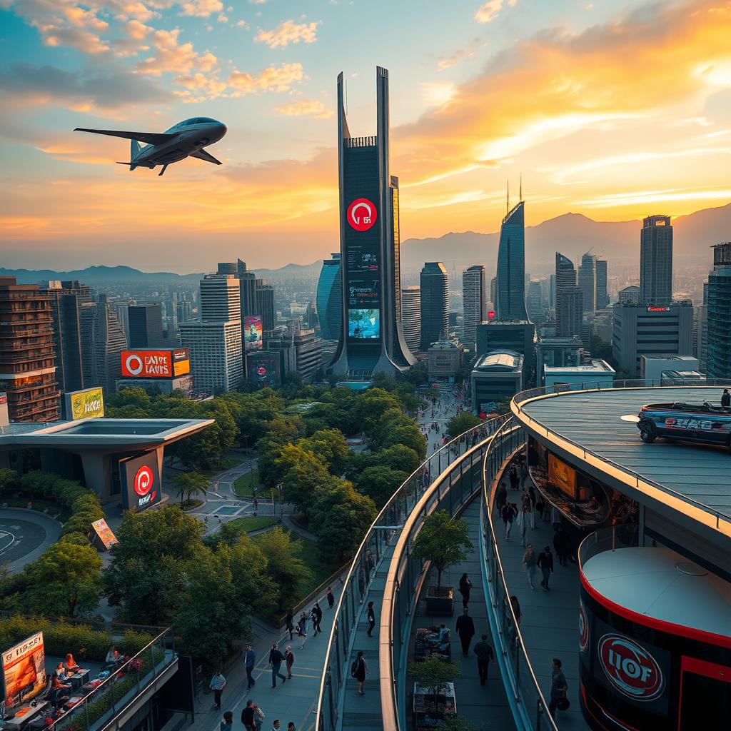 A vibrant and futuristic cityscape at sunset, showcasing advanced architecture with sleek skyscrapers and lush green parks