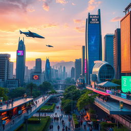 A vibrant and futuristic cityscape at sunset, showcasing advanced architecture with sleek skyscrapers and lush green parks