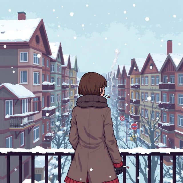 A pixel art scene featuring a schoolgirl in winter attire, standing on a balcony in the background of typical Russian panel houses