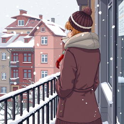 A pixel art scene featuring a schoolgirl in winter attire, standing on a balcony in the background of typical Russian panel houses