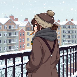 A pixel art scene featuring a schoolgirl in winter attire, standing on a balcony in the background of typical Russian panel houses