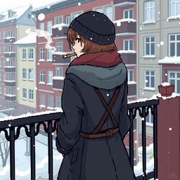 A pixel art scene featuring a schoolgirl in winter attire, standing on a balcony in the background of typical Russian panel houses