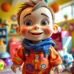 A cute, whimsical doll resembling a silly boy, with exaggerated features, large round eyes, a goofy grin, and slightly rounder body shape