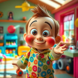 A cute, whimsical doll resembling a silly boy, with exaggerated features, large round eyes, a goofy grin, and slightly rounder body shape