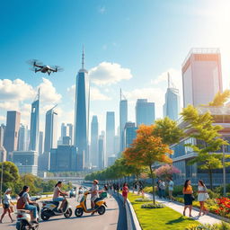 A detailed vision of a bright and optimistic future, featuring an expansive city skyline filled with futuristic skyscrapers made of glass and steel