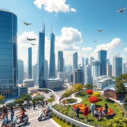 A detailed vision of a bright and optimistic future, featuring an expansive city skyline filled with futuristic skyscrapers made of glass and steel