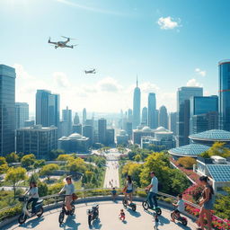 A detailed vision of a bright and optimistic future, featuring an expansive city skyline filled with futuristic skyscrapers made of glass and steel
