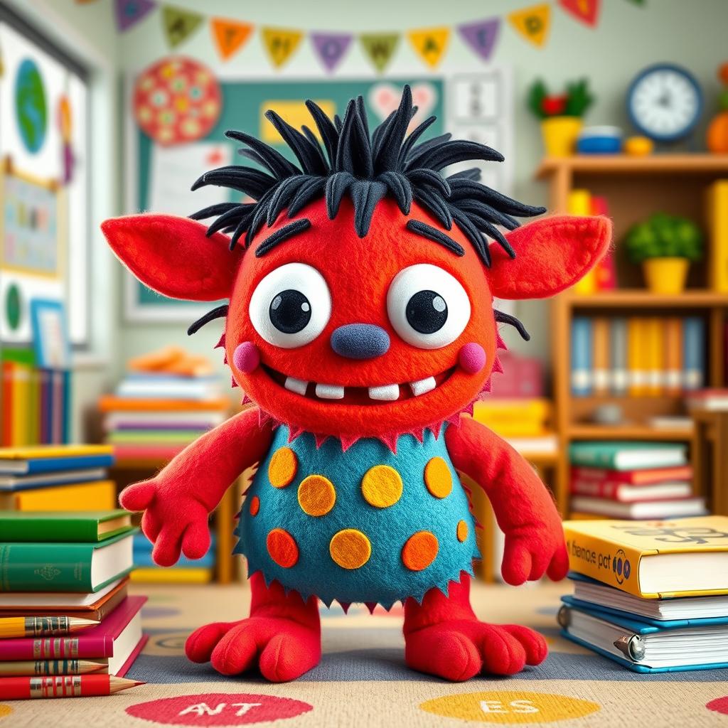 A felt doll portraying a cute, silly little monster named Khan Khavank, characterized by a goofy expression, bright colors, and an endearing, clumsy demeanor