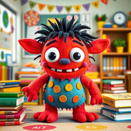 A felt doll portraying a cute, silly little monster named Khan Khavank, characterized by a goofy expression, bright colors, and an endearing, clumsy demeanor