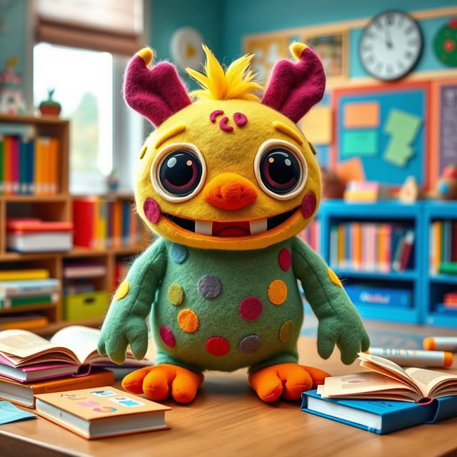 A felt doll portraying a cute, silly little monster named Khan Khavank, characterized by a goofy expression, bright colors, and an endearing, clumsy demeanor