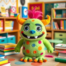 A felt doll portraying a cute, silly little monster named Khan Khavank, characterized by a goofy expression, bright colors, and an endearing, clumsy demeanor