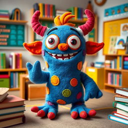 A felt doll portraying a cute, silly little monster named Khan Khavank, characterized by a goofy expression, bright colors, and an endearing, clumsy demeanor