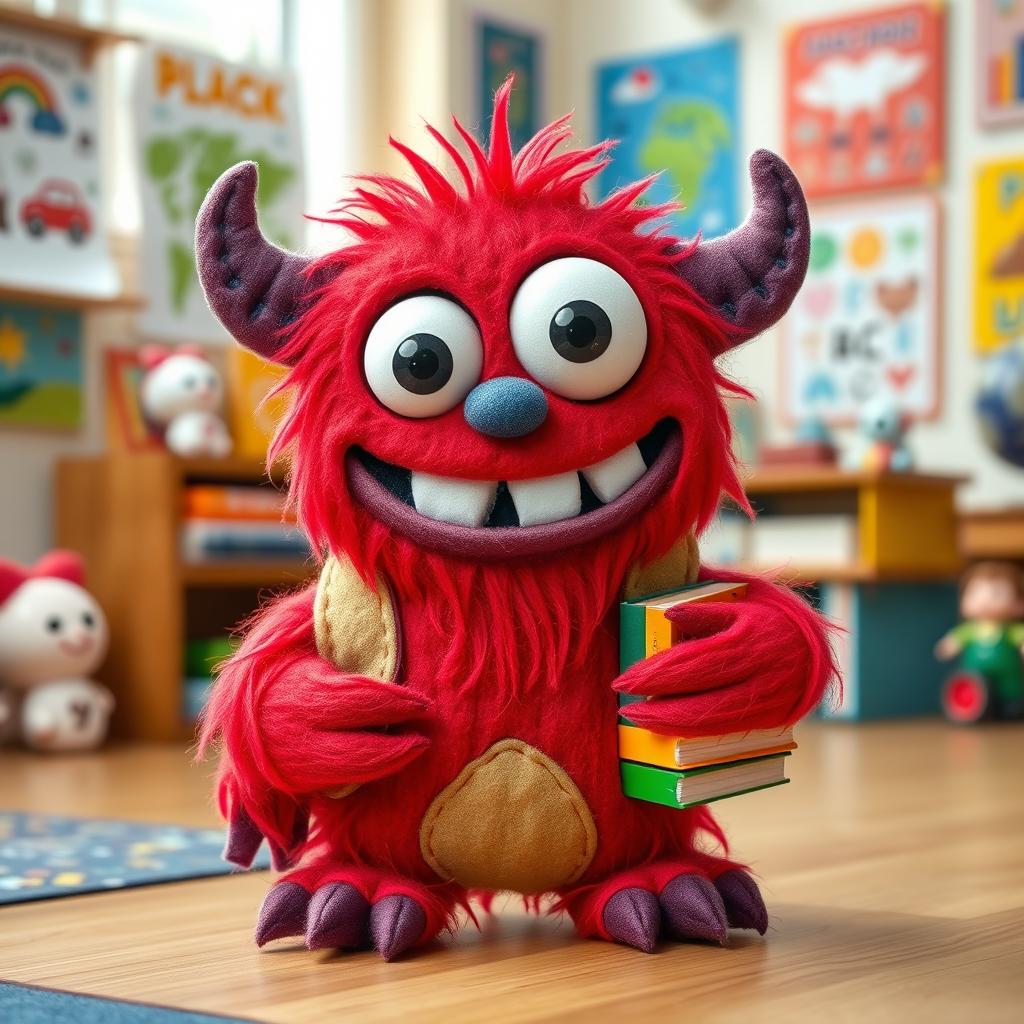 A cute felt doll of a small, friendly, and goofy monster who is eager to learn