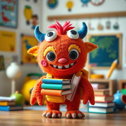 A cute felt doll of a small, friendly, and goofy monster who is eager to learn