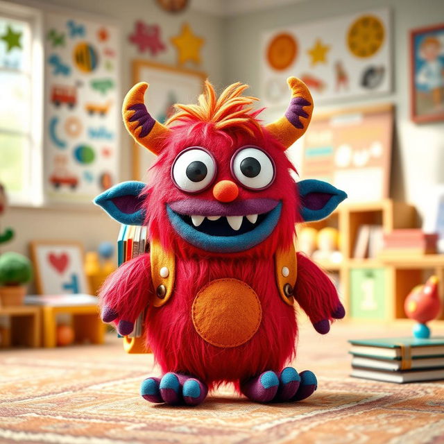 A cute felt doll of a small, friendly, and goofy monster who is eager to learn