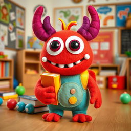 A cute felt doll of a small, friendly, and goofy monster who is eager to learn