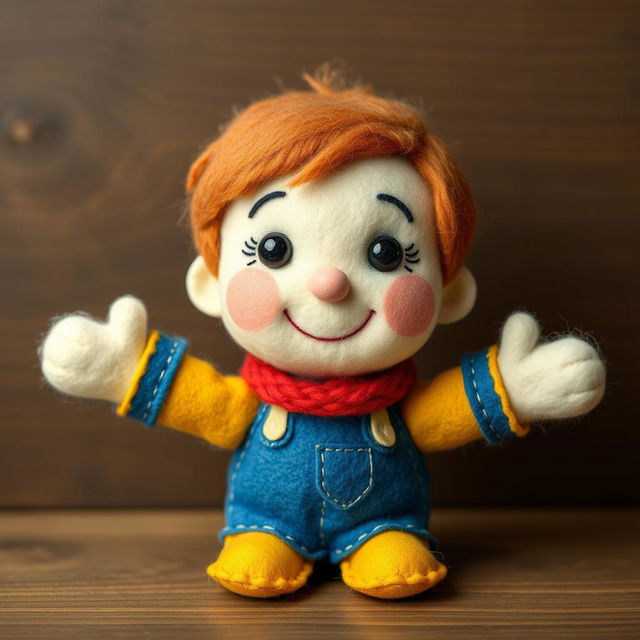 A charming wool felt doll representing a cute, lovable little boy full of kindness and a bit of silliness, designed for learning and exploration