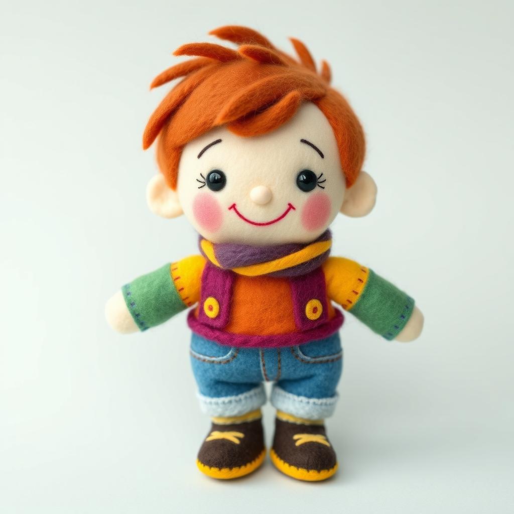 A delightful wool felt doll of a sweet, lovable little boy who is kind and a bit silly, eager to learn and explore