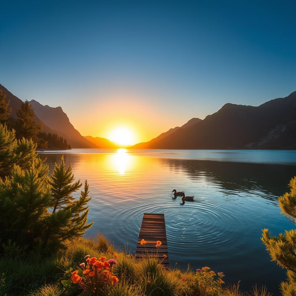 A breathtaking landscape of a serene lake surrounded by majestic mountains under a clear blue sky