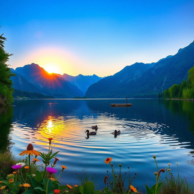 A breathtaking landscape of a serene lake surrounded by majestic mountains under a clear blue sky