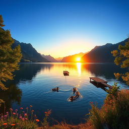 A breathtaking landscape of a serene lake surrounded by majestic mountains under a clear blue sky