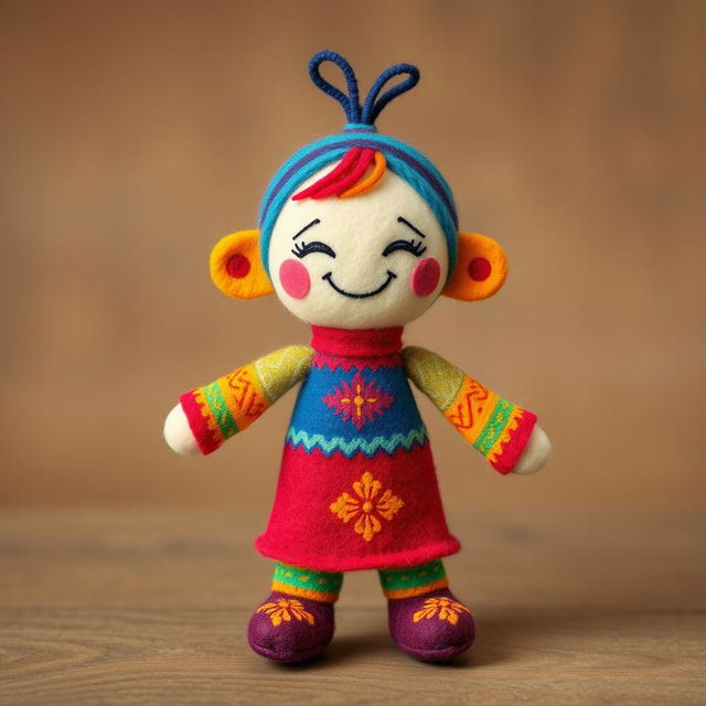 A whimsical wool felt doll named Khaan Khaanak, designed to be colorful and friendly