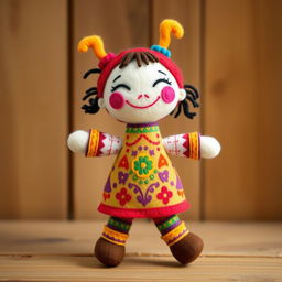 A whimsical wool felt doll named Khaan Khaanak, designed to be colorful and friendly